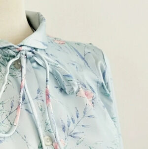 Vintage Floral Blouse Blue w/ Pink Flowers / Tie Neck / Med/Lrg